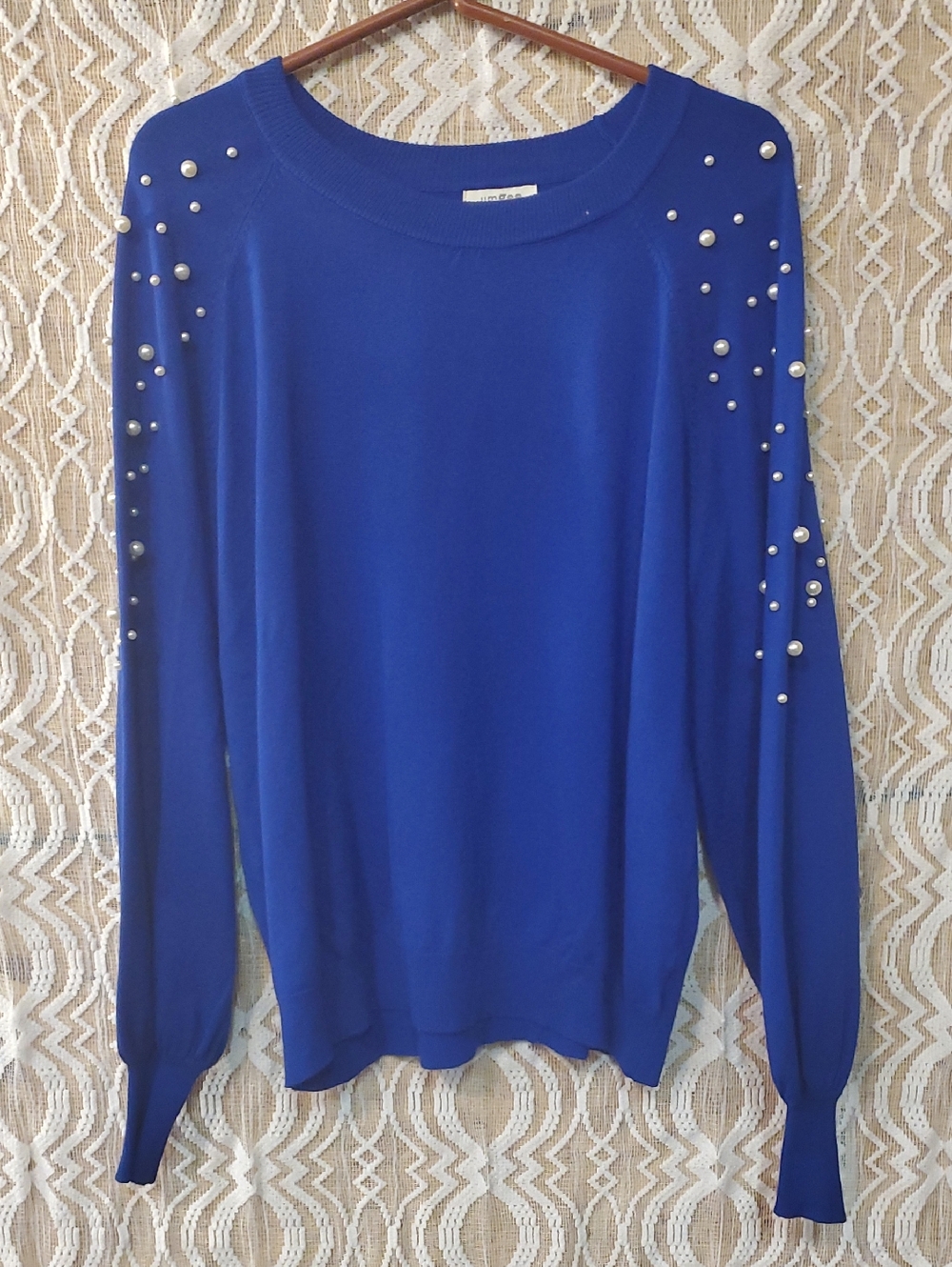Umgee Royal Blue Crewneck Sweater with Pearl Like Accent